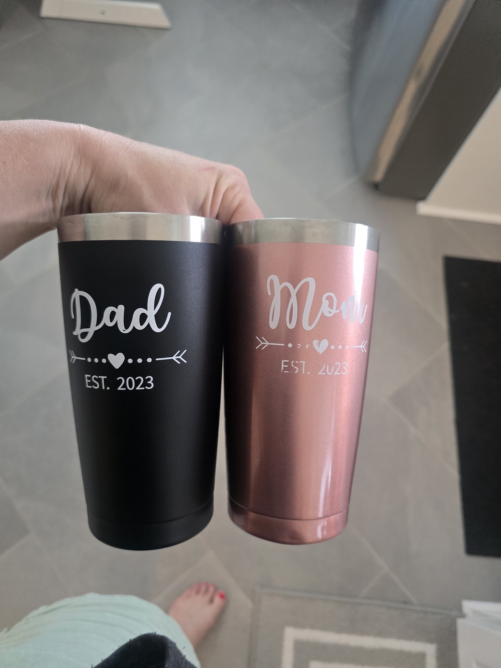 Dad & Mom EST. 2023 Stainless Steel Travel Tumblers - Black & Rose Gold